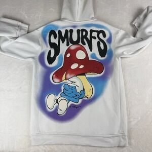 Smurfs Graphic Pullover Hoodie Small White Mushroom‎ Cartoon Streetwear Airbrush